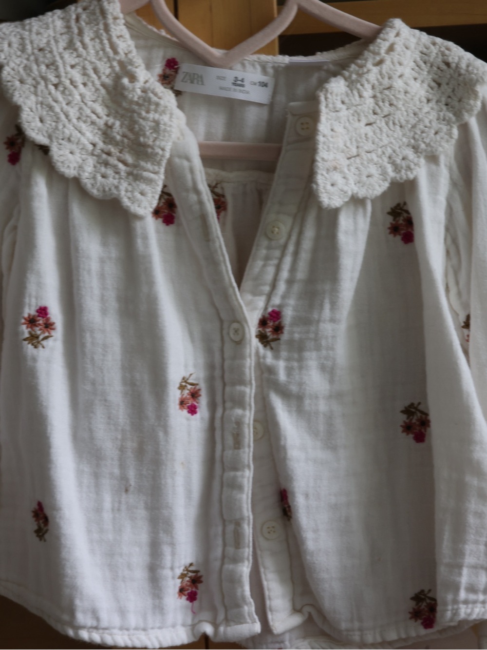 Zara Cream Cotton Girls' Button Front Top with Pink Floral Embroidery